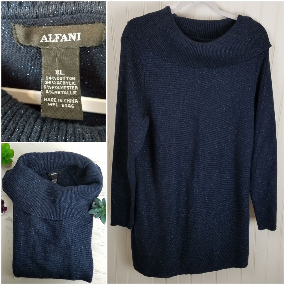 Alfani Midnight Blue & Metallic Cowl Sweater Dress